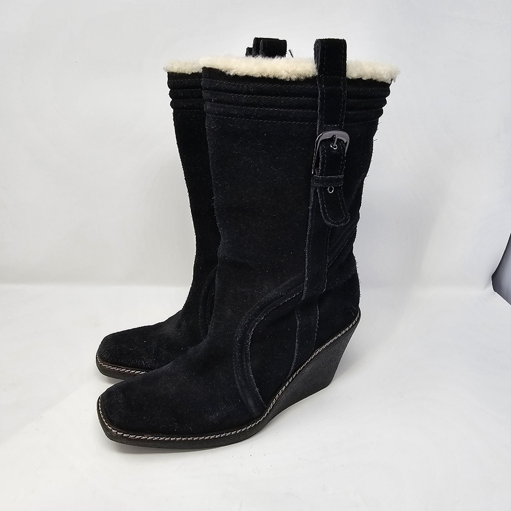 Cole Haan Michelle Microsuede Waterproof  Mid Calf Wedge Boots Black Size 7.5 B